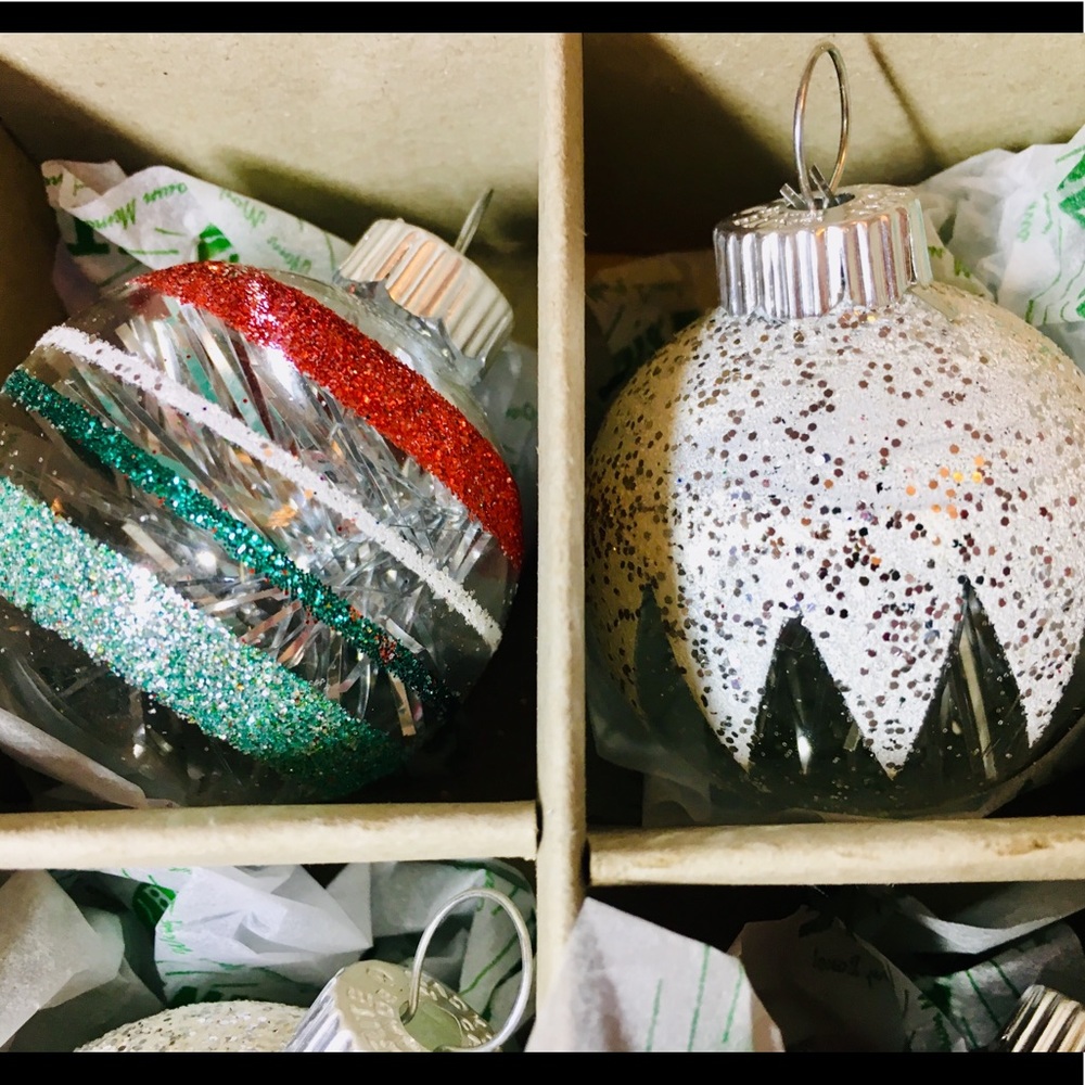 12 Christmas Radko Clear Glass Ball Ornaments Tinsel & Snow Glitter Stripes - Picture 8 of 9